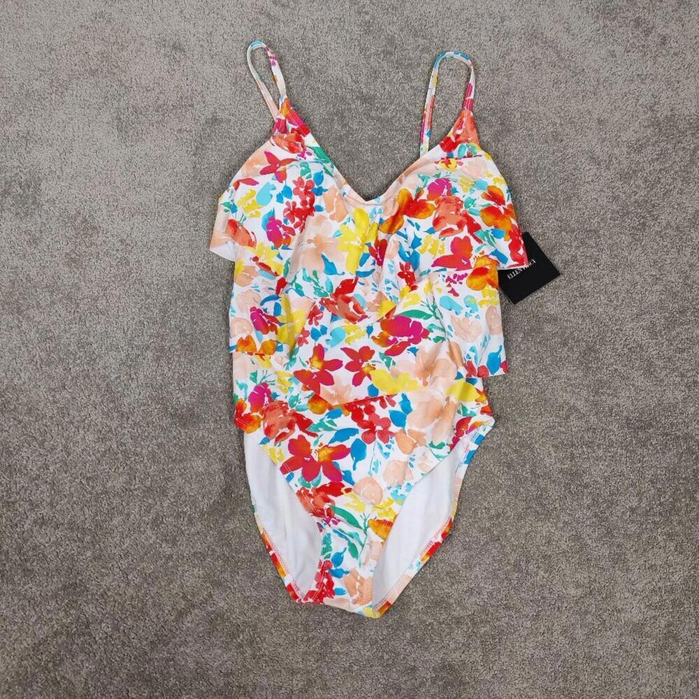Ellen Tracy One Piece Swimsuit Sz 8 Floral Bohemian Ruffles